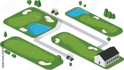 Isometric golf course landscape, golf holes with ponds, sand bunkers, golf carts, clubhouse, outdoor sports field illustration, green fairway design