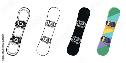 Set of four snowboards in different illustrative styles including sketch, outline, silhouette, and colorful flat design for winter sports and recreation concepts