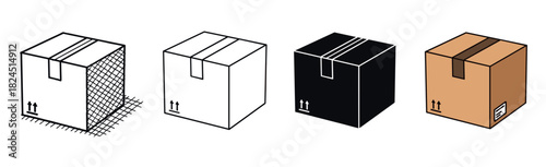 Set of four cardboard box illustrations showing different graphic styles including sketch, outline, silhouette, and color for logistics and delivery concepts