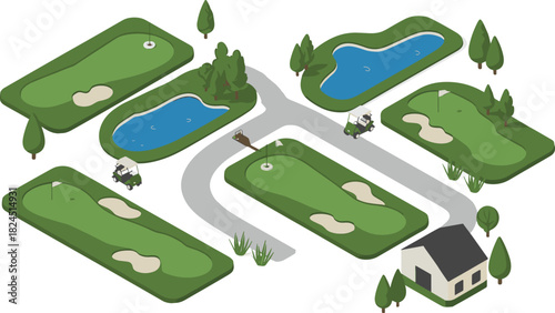 Isometric golf course landscape, golf holes with ponds, sand bunkers, golf carts, clubhouse, outdoor sports field illustration, green fairway design