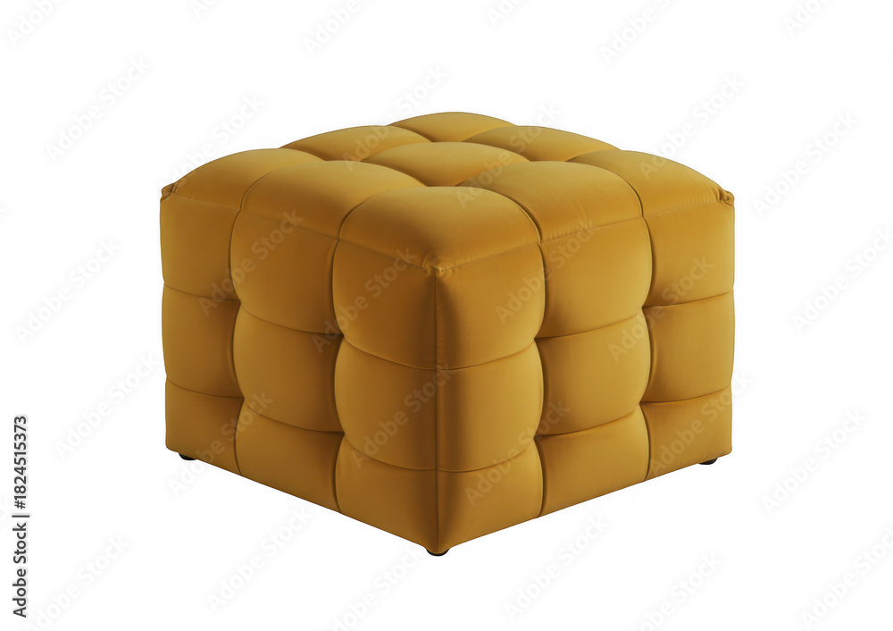 Fototapeta premium Tufted Mustard Yellow Velvet Cube Ottoman isolated on a transparent background