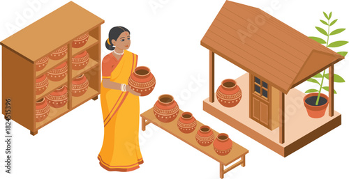 Isometric illustration of a woman in traditional attire arranging handcrafted clay pots beside a village house, with pottery shelves and a display table showcasing cultural craftsmanship.