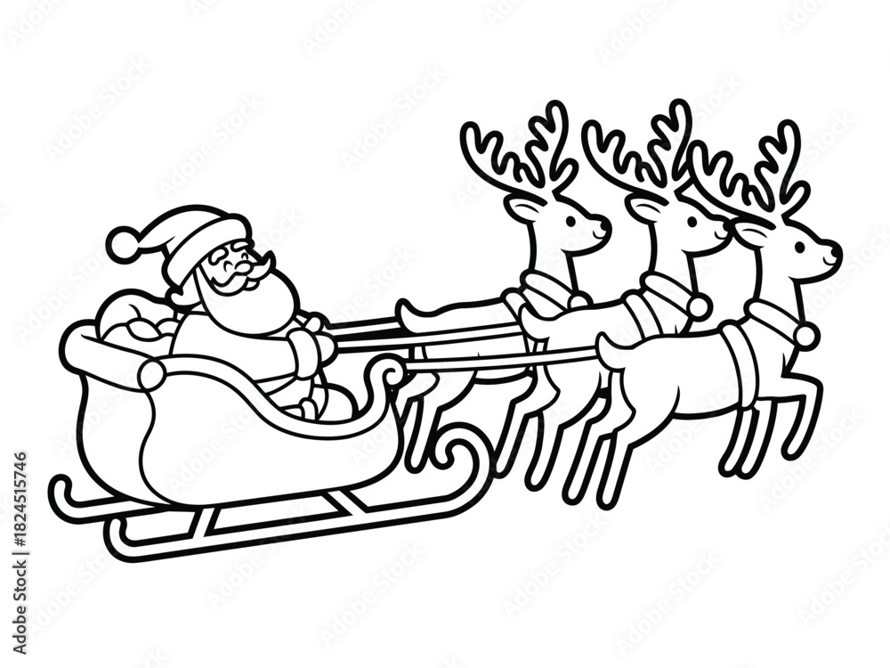 Fototapeta premium Line drawing of santa claus in a sleigh pulled by three reindeer on white background