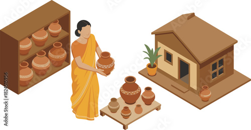 Isometric illustration of a woman in traditional attire arranging handcrafted clay pots beside a village house, with pottery shelves and a display table showcasing cultural craftsmanship.