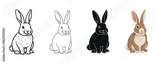 Set of four rabbit illustrations presented in various artistic styles including hand-drawn sketch, simple outline, black silhouette, and flat color cartoon design