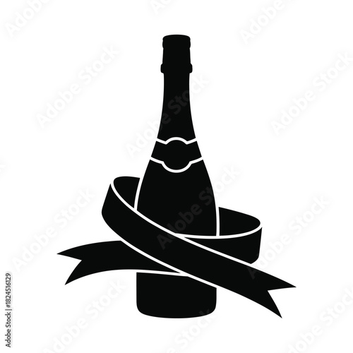 Champagne bottle with ribbon banner silhouette