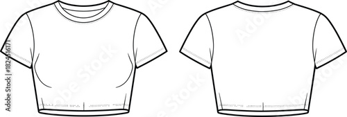 Cropped t-shirt flat sketch, technical fashion illustration, front and back view, garment design, apparel template, clothing mockup, vector drawing, style
