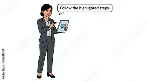 Businesswoman presenting on a tablet guiding with highlighted steps.