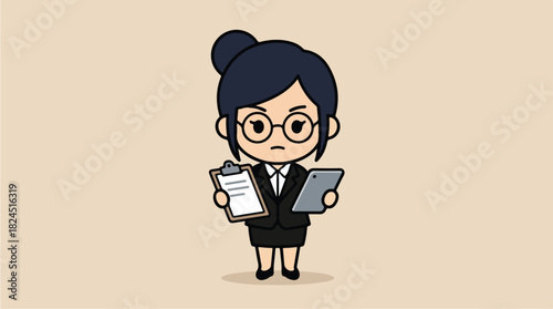 Cute cartoon businesswoman with clipboard and tablet.