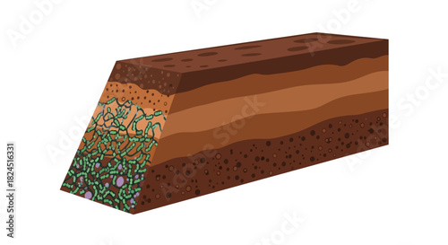 A cross-section illustration of layered soil and rock strata with green plant roots growing in the lower left corner on a white background.