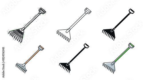 Set of six garden rakes in various artistic styles including detailed illustration, simple line art, and solid black silhouette for farming or yard work concepts