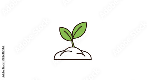 A line drawing of a small green plant sprouting from a mound of white soil on a plain white background.