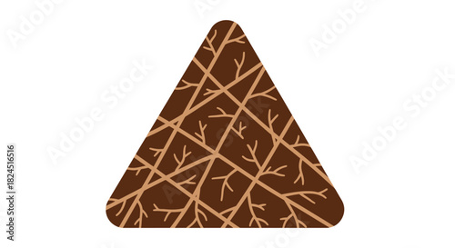 A triangular brown chocolate with a cracked surface pattern on a white background, showcasing a close-up view with warm tones and a minimalist flat lay composition.
