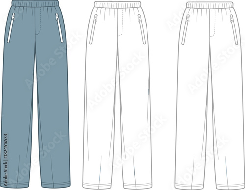 Fashion flat sketch, jogger pants front view, zippered pockets, elastic waistband, technical drawing, garment construction, CAD drawing flat vector illustration