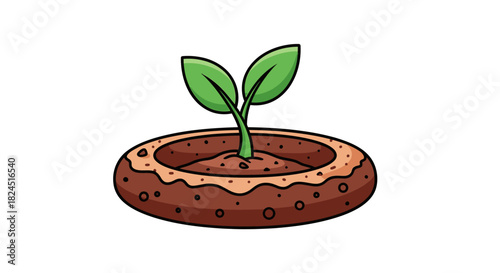 A small green seedling grows out of a brown donut with a hole, on a white background, in a cartoonish flat lay style with warm tones.