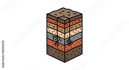 An isometric illustration of a cutaway cube showing layers of different colored soil and rock formations on a white background.