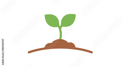 A green seedling grows out of a small mound of brown soil on a flat white background in a simple graphic illustration.