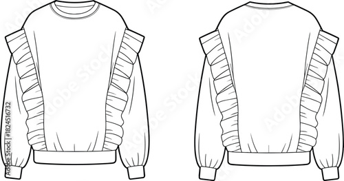 Fashion technical drawing of ruffled sweatshirt, front and back view, crew neck, long sleeve, cad drawing flat vector illustration.