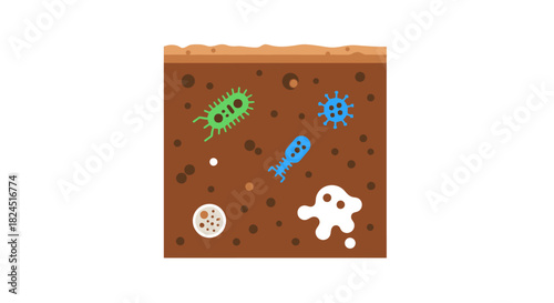 A brown surface covered with various cartoon microorganisms including bacteria, viruses, and fungi in different colors.