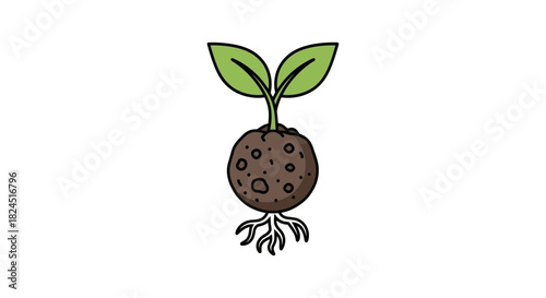 A cartoon chocolate chip cookie with green leaves sprouting from the top and roots at the bottom against a white background.