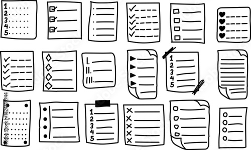 Hand drawn checklist and task list doodle collection on white background