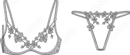 Floral lingerie set sketch bra and thong, fashion cad drawing, garment design, black and white flat vector illustration