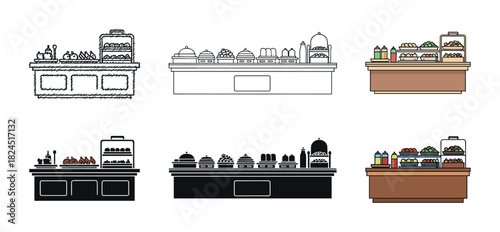 Food counter and buffet station icon set with various styles including line art, silhouette, and color illustrations of a self-service salad bar for catering and restaurant concepts