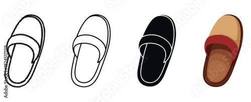 Set of four house slipper icons presented in different styles including textured outline, simple line art, solid black silhouette, and a full color flat vector illustration