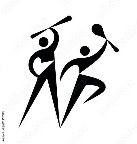 Two stylized figures in dynamic poses, engaged in a rhythmic martial art or dance.