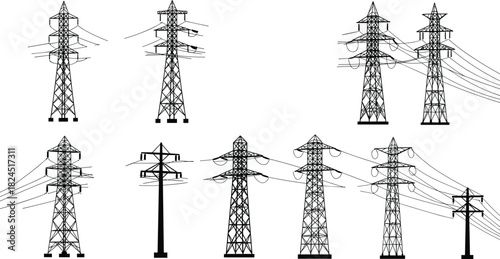 Silhouette of high voltage transmission towers and electric power lines representing energy distribution, industrial infrastructure, electricity network, and urban development.