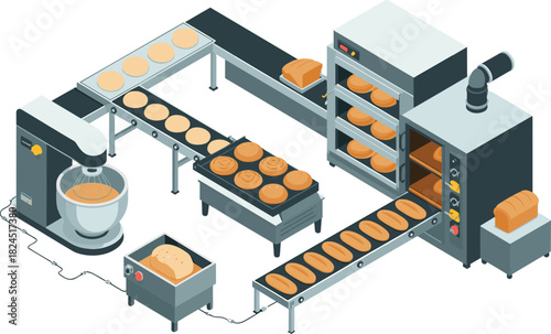 Isometric modern bread production line, automated bakery process, dough mixing, conveyor system, proofing cabinets, industrial baking equipment illustration