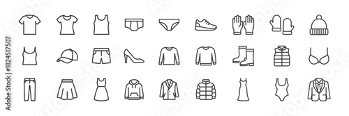 Various clothing items and accessories, including casual, formal, and seasonal wear in outline style. Minimalist vector icon collection