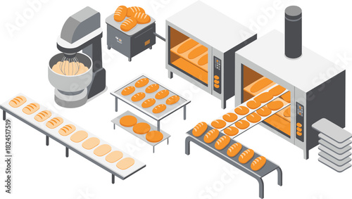 Isometric modern bread production line, automated bakery process, dough mixing, conveyor system, proofing cabinets, industrial baking equipment illustration