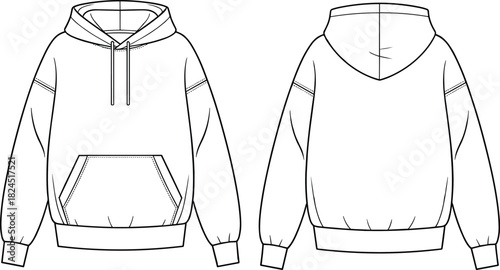 Hooded sweatshirt technical sketch, fashion illustration, front and back view, garment design, apparel template, clothing mockup, vector drawing, hoodie style