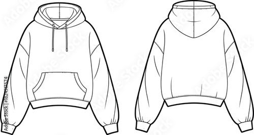 Hooded sweatshirt, fashion sketch, technical drawing, hoodie design, kangaroo pocket, drawstring hood, ribbed cuffs, garment template, vector illustration, clothing blueprint