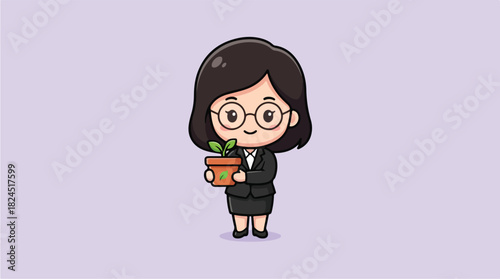 Cute Businesswoman Holding a Small Plant Pot.