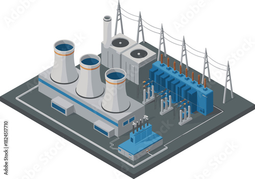 Isometric power plant, electricity generation station, cooling towers, energy factory, substation, transformers, industrial power infrastructure, vector illustration