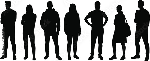 Human silhouettes, diverse people, casual and formal attire, standing figures, black silhouettes,