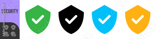 Shield check mark icon or security shield protection icon with tick symbol. Color shield with color check mark tick icon