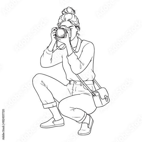 Classic Photographer Line Art – Photographer Vector Artwork with Structured Camera Detail – Photographer Drawing – Line Art Drawing of Photographer – Photographer Icon
