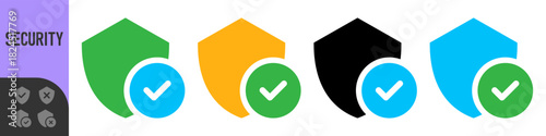 Shield check mark icon or security shield protection icon with tick symbol. Color shield with color check mark tick icon