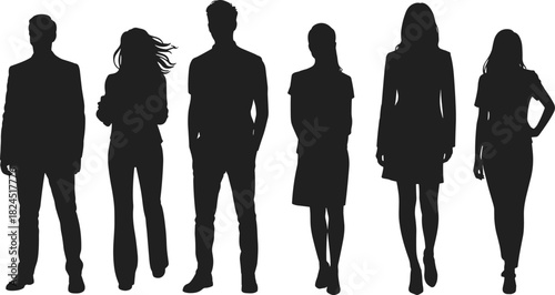 Human silhouettes, diverse people, standing figures, black silhouettes, casual and formal attire, unity concept, anonymous group, posture variety, fashion silhouettes, white background, inclusive