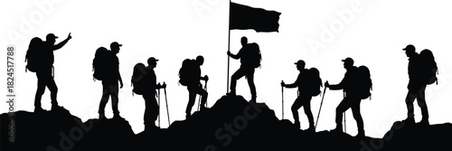 Silhouette of hikers climbing mountain with flag, symbolizing leadership, teamwork, achievement, outdoor adventure, exploration, and success in nature.