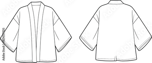 Kimono jacket technical sketch, front and back view, wide sleeves, banded collar, fashion vector template, cad drawing flat vector illustration