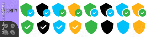 Shield check mark icon or security shield protection icon with tick symbol. Color shield with color check mark tick icon