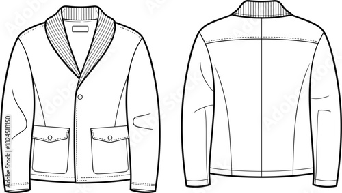 Men’s jacket technical sketch, shawl collar, front and back view, fashion illustration, garment design, outerwear template, buttoned coat