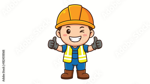 Cute Cartoon Construction Worker Giving Thumbs Up.