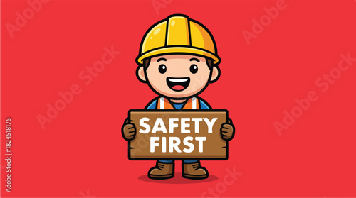 Cute Construction Worker Holding Safety First Sign.