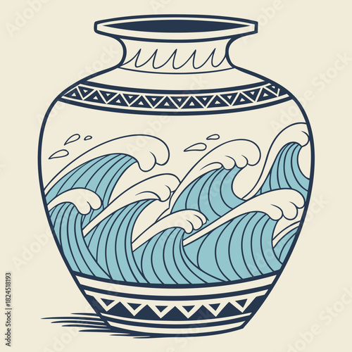 Ancient vase with stylized ocean waves and geometric patterns