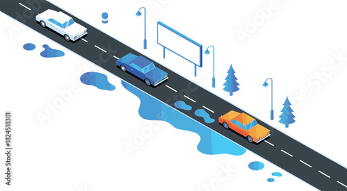 Isometric road with cars, rainy weather puddles, street lamps, billboard, traffic scene, urban highway illustration, wet asphalt environment
